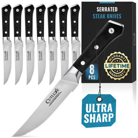 Cutluxe steak knives set 8 full tang displays balanced precision for effortless slicing.