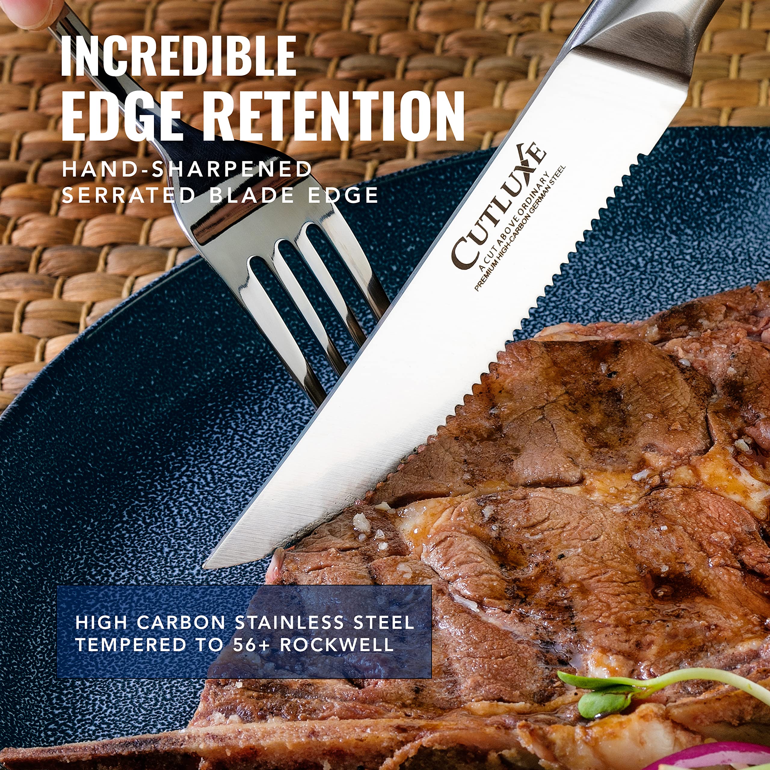 Cutluxe triple-riveted handle ensures secure grip and long-lasting stability.