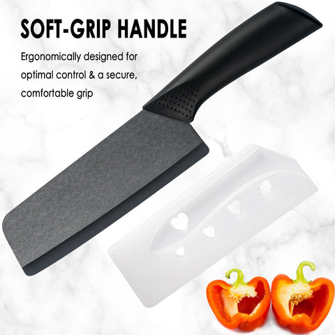 Cutqiz ceramic Nakiri knife with ergonomic handle provides comfortable control.