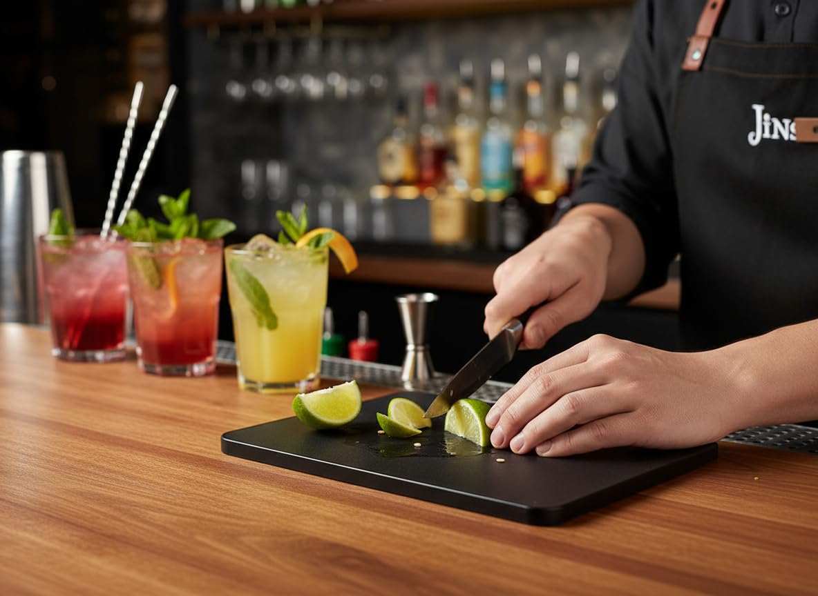 CuttingBoard black cutting boards hide stains while you work behind the bar.