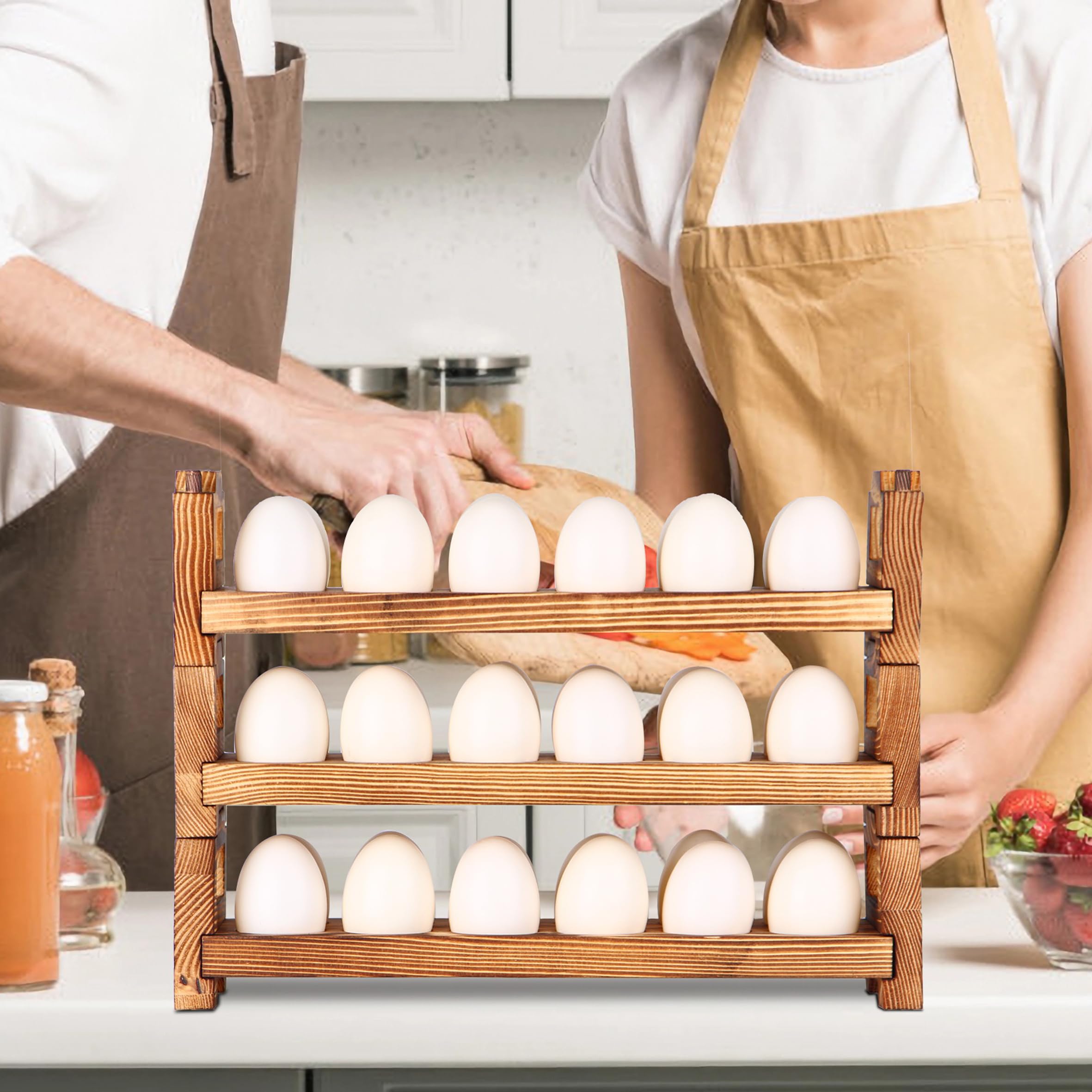 CVHOMEDECO egg storage stand on counter keeps fresh eggs ventilated and accessible.