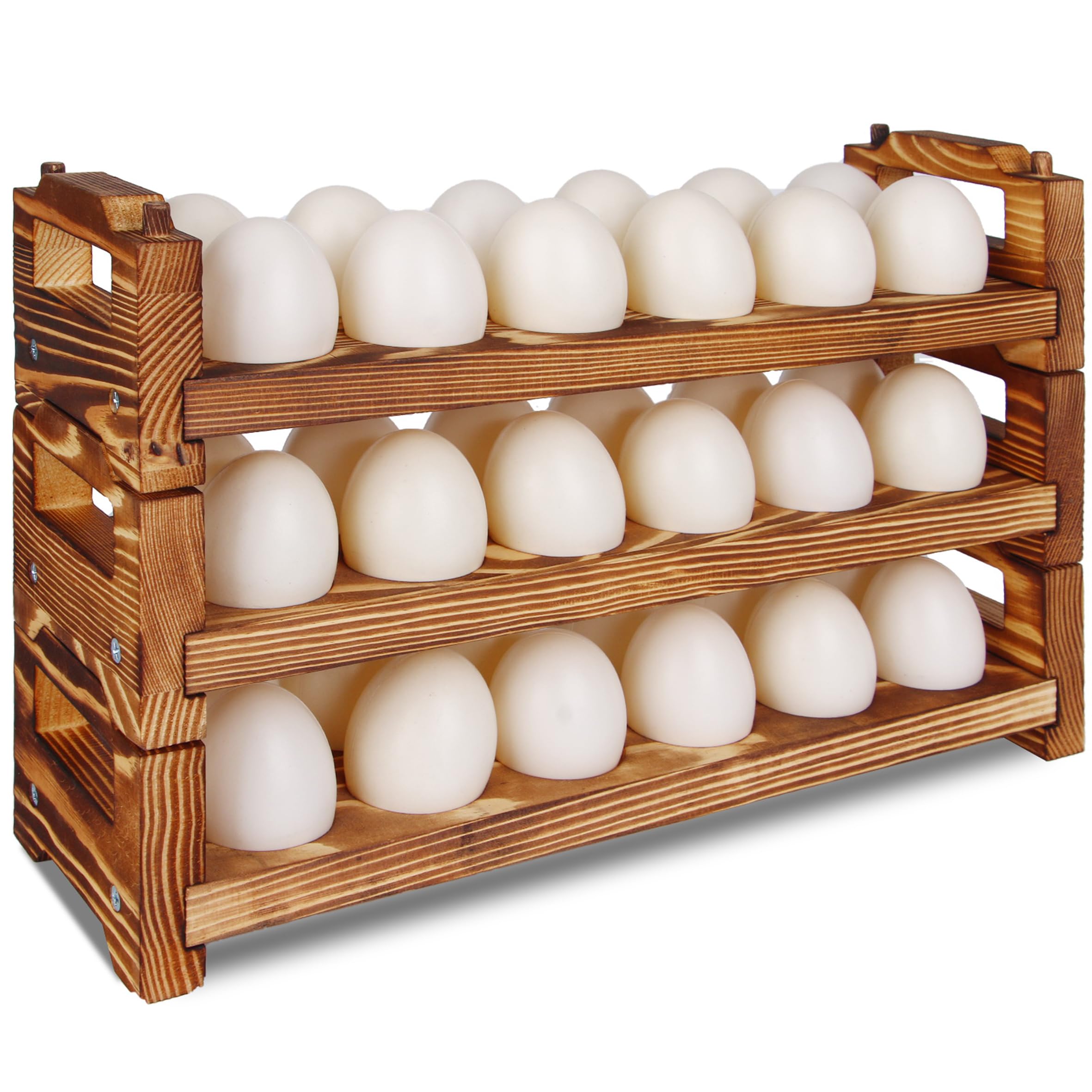 CVHOMEDECO wooden egg holder 3-tier on a kitchen counter keeps eggs organized.