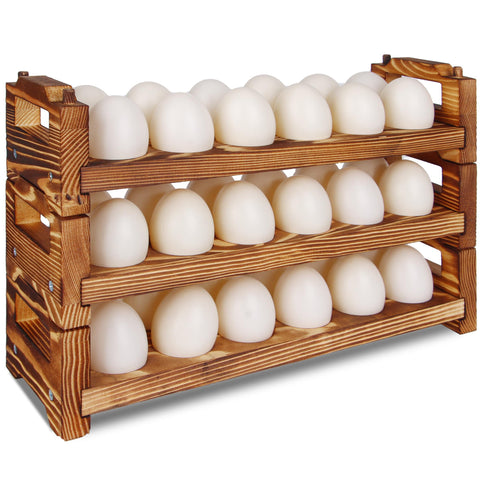 CVHOMEDECO wooden egg holder 3-tier on a kitchen counter keeps eggs organized.