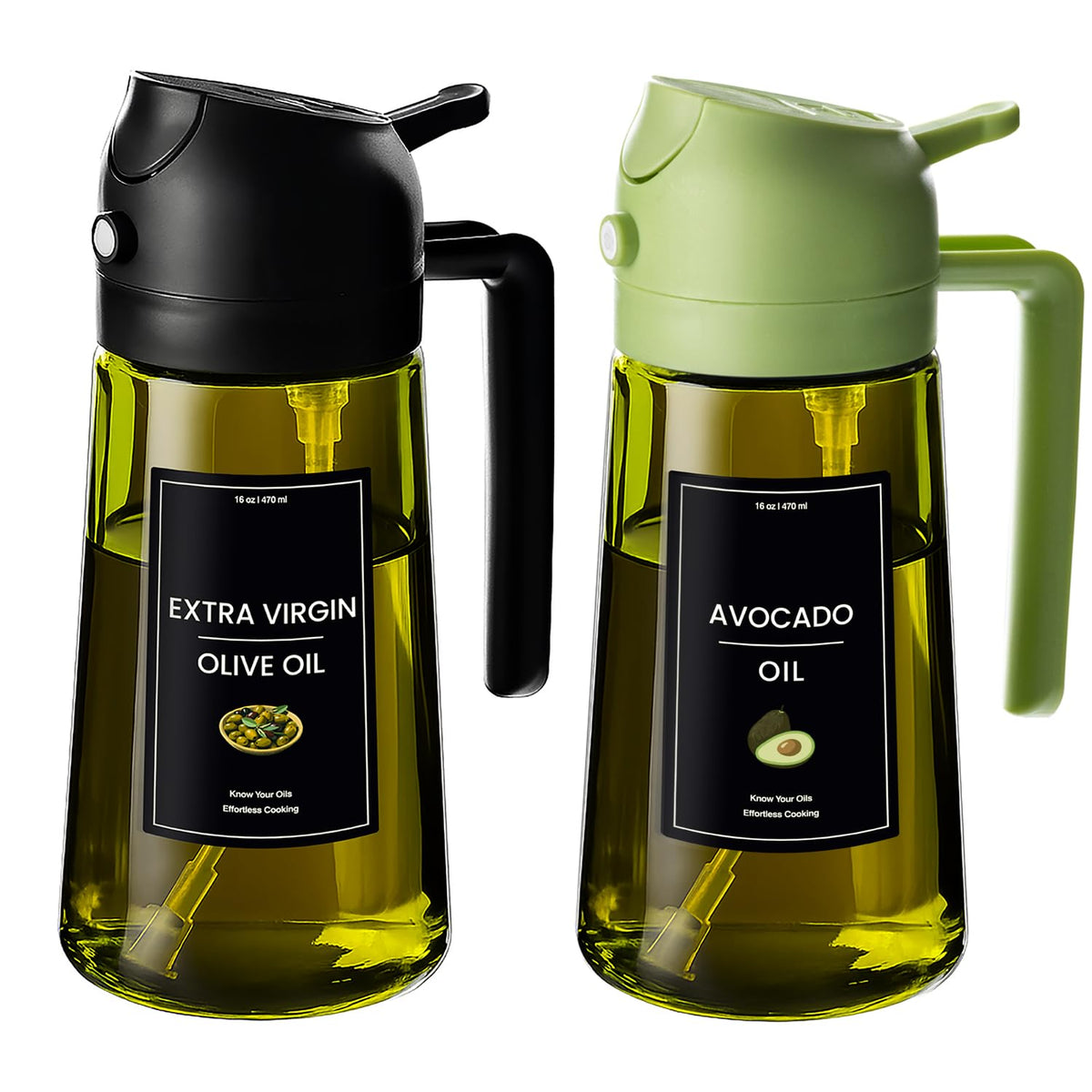 CXINYI olive oil sprayer bottle close-up with 2-in-1 pour and spray design.