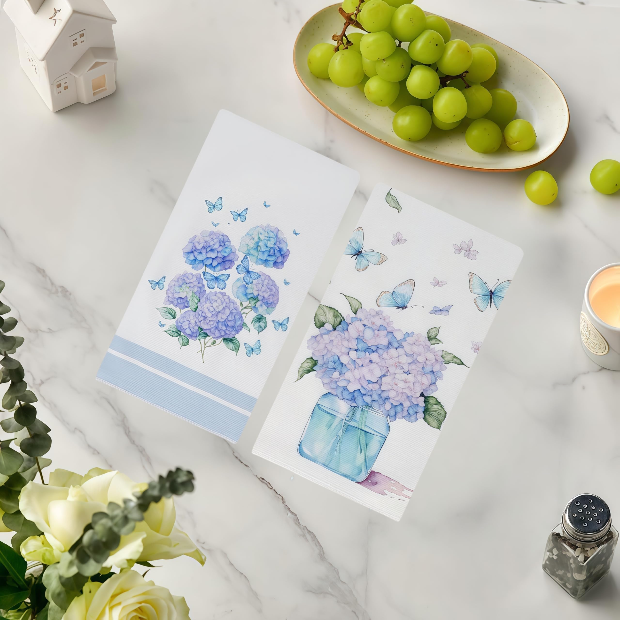 Cxtoweley Hydrangea flour sack towel kitchen decor shot demonstrates daily-use practicality