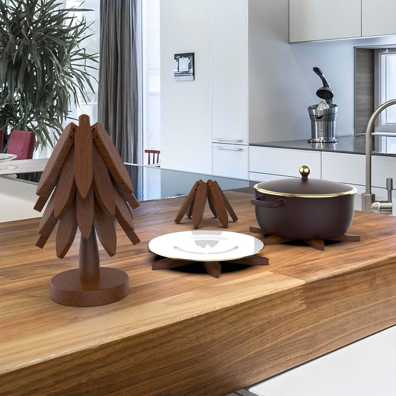 CYANLUX tree design trivet stand showing easy access and gravity-assisted unfolding.