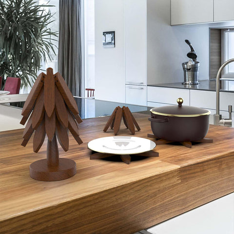 CYANLUX tree design trivet stand showing easy access and gravity-assisted unfolding.