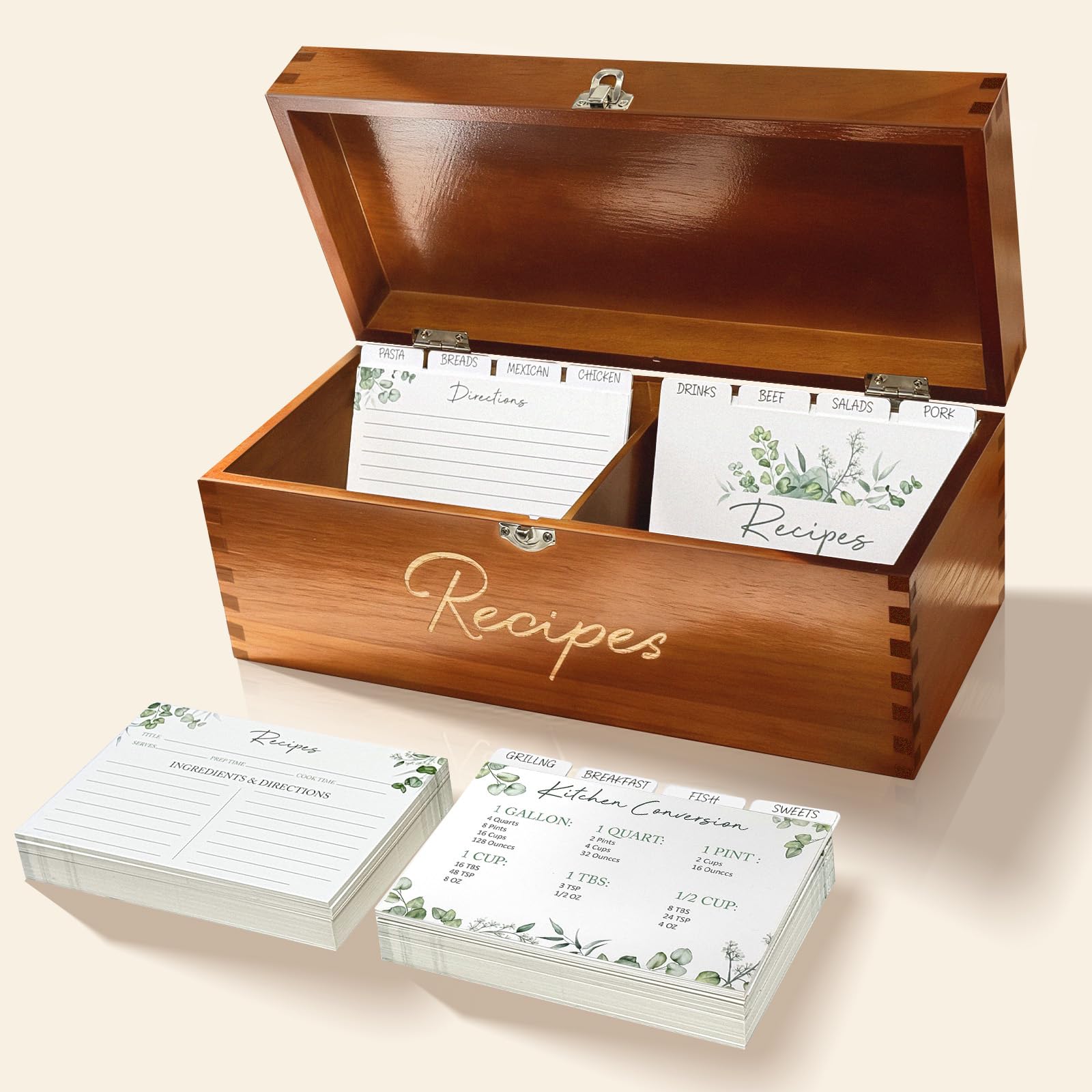 CYAOOI recipe box top view shows a smooth lid and warm pine finish.