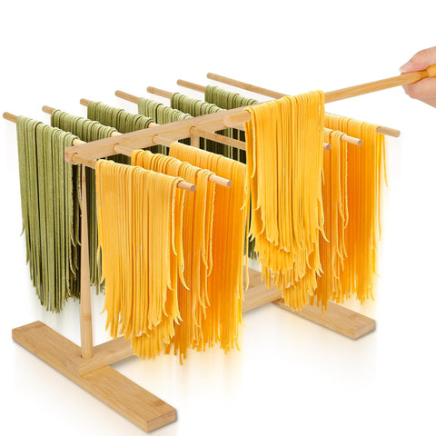 CycForge bamboo pasta drying rack with 14 rods for even air drying