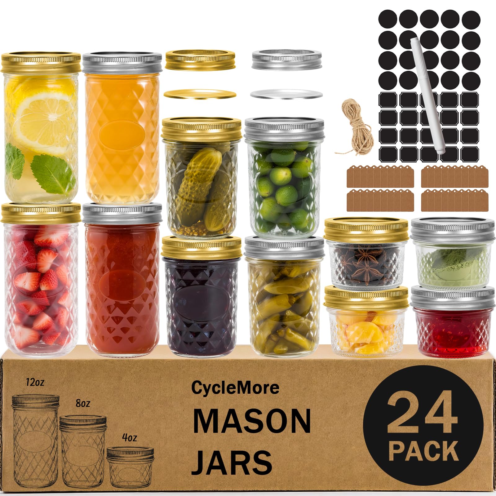 CycleMore 24-pack glass mason jars with bands and lids for tidy pantry storage.
