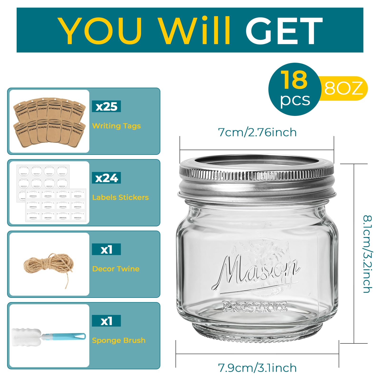 CycleMore airtight two-piece lids on 8 oz jar preserve freshness for jams and pickles.