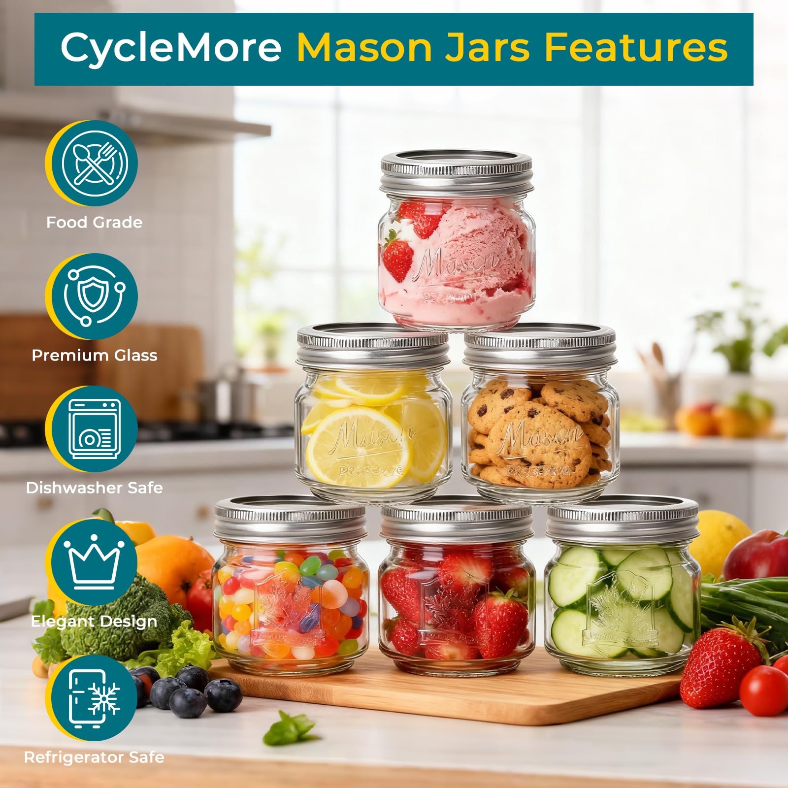 CycleMore clear glass mason jar highlights contents and supports easy labeling.