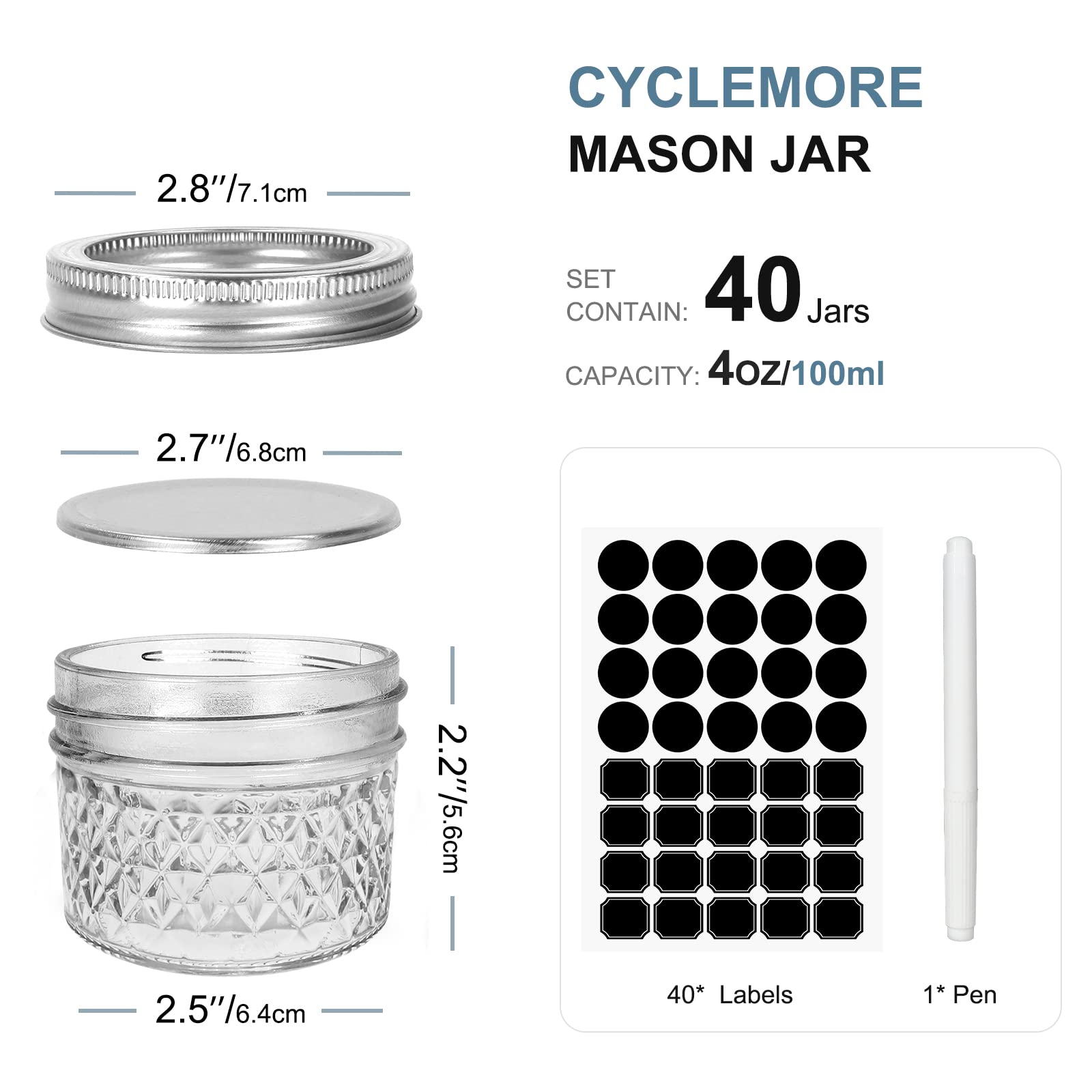 CycleMore mini mason jar 4oz with silver-separable lid, ideal for jams and spices.