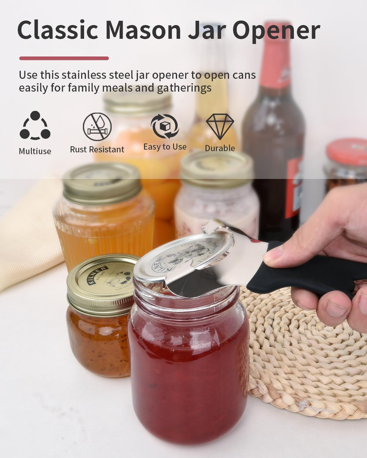 CYDW multi-purpose opener for jars and bottles with minimal effort.