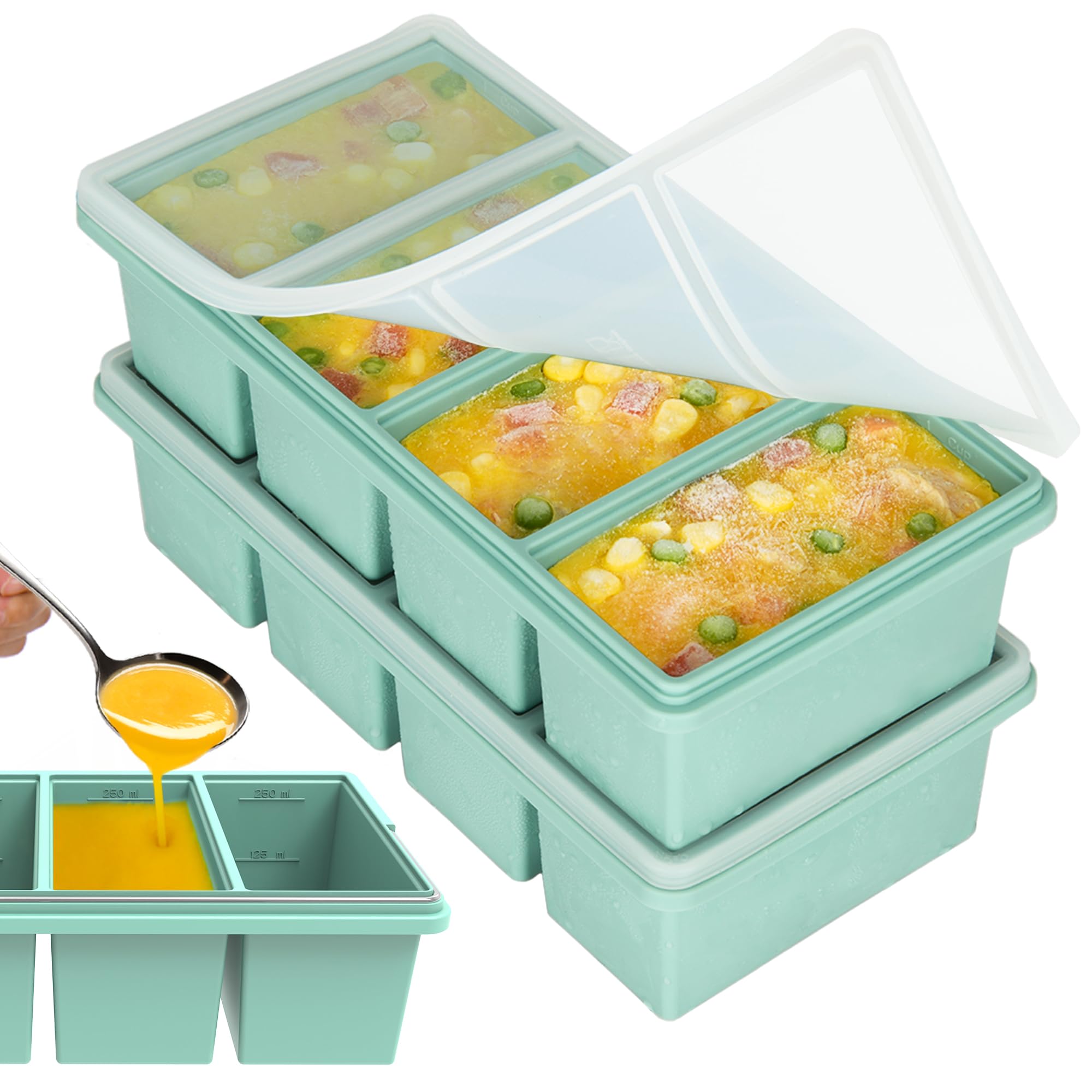CyhHave silicone freezer trays with 1-cup compartments for portioned meals