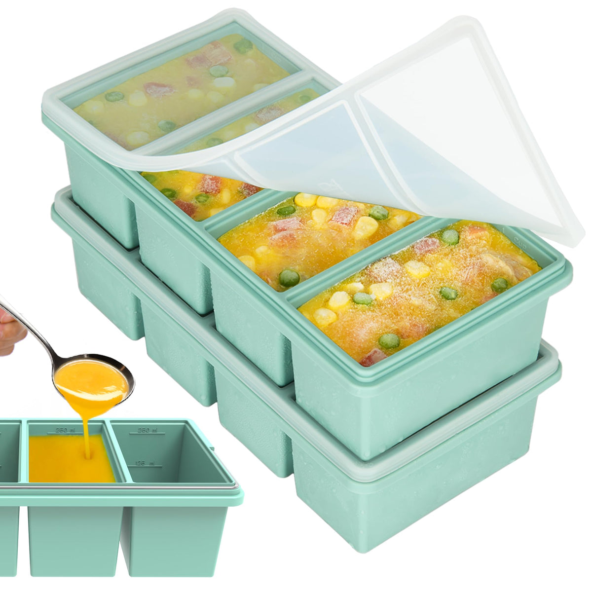 CyhHave silicone freezer trays with 1-cup compartments for portioned meals