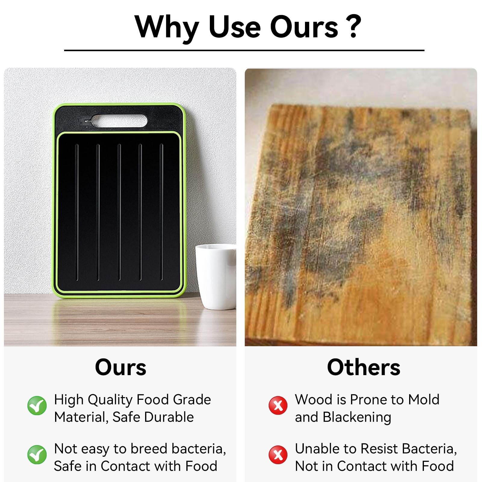Cyrank plastic cutting board material shown, temperature-resistant safe contact.