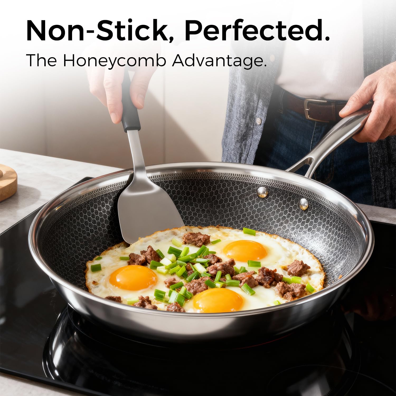 Cyrder 10-inch frying pan with even heating for searing.