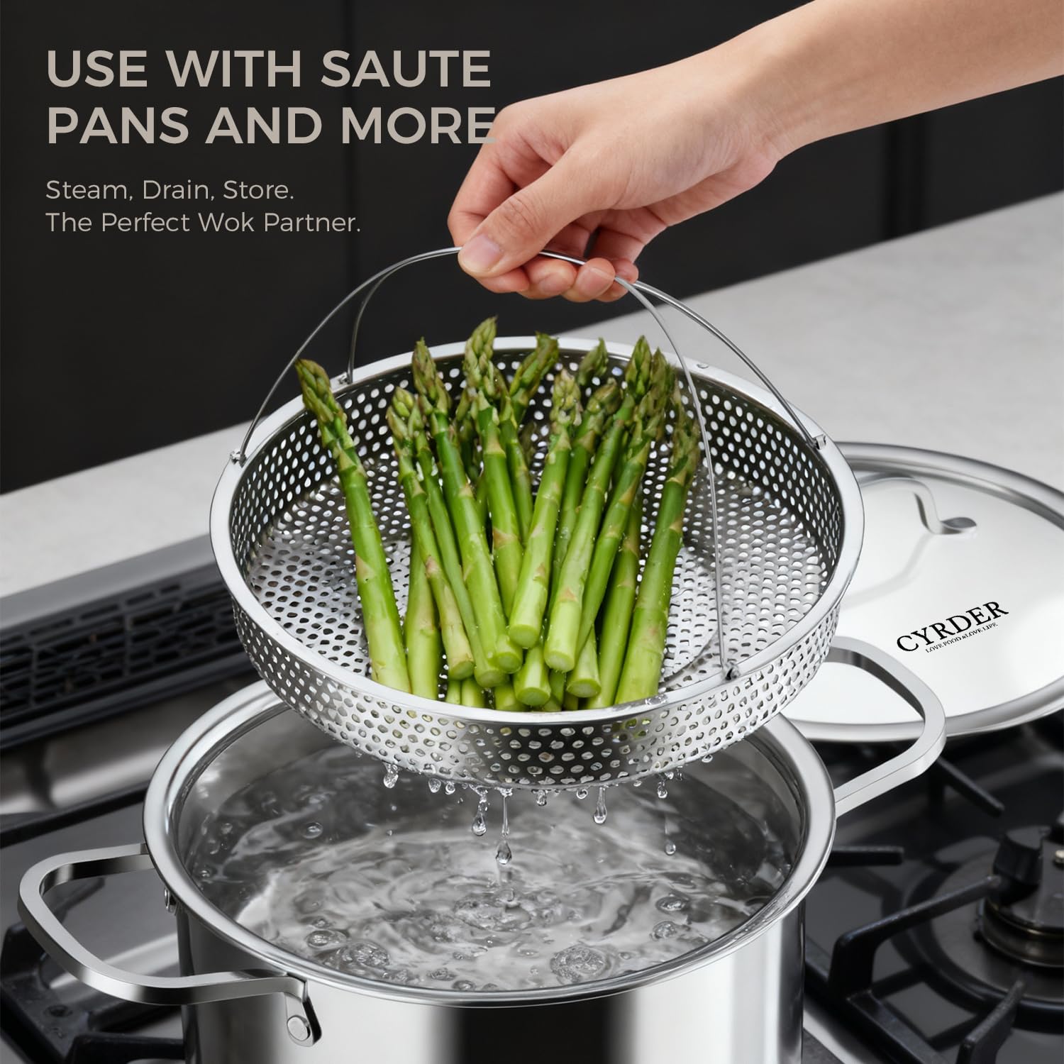 Cyrder 4-quart sauté pan with lid for browning and sauces.