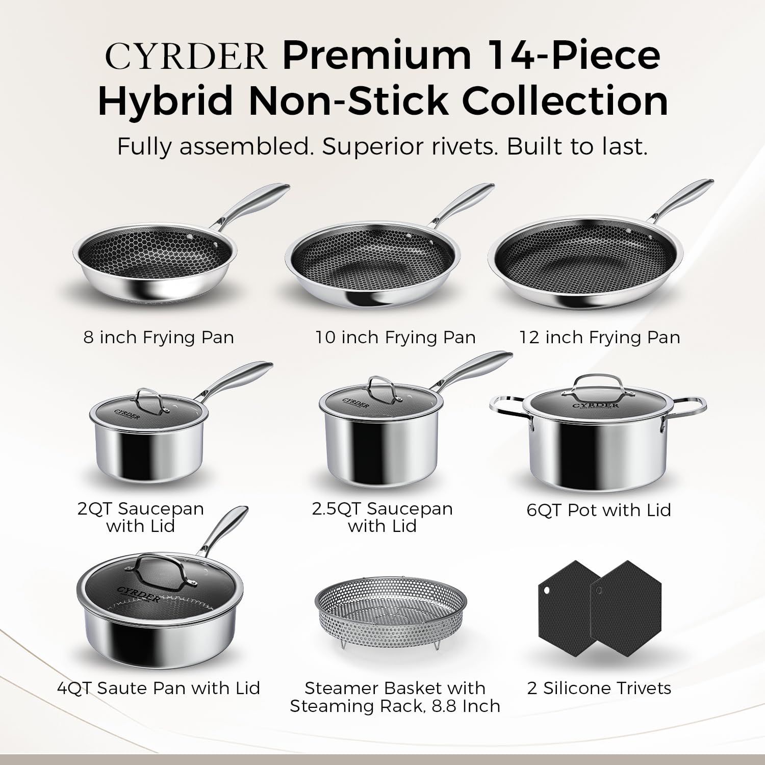 Cyrder 8-inch frying pan with hex nonstick for easy release.