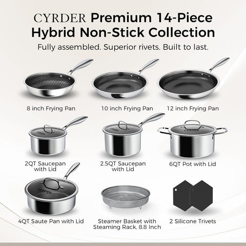 Cyrder 8-inch frying pan with hex nonstick for easy release.