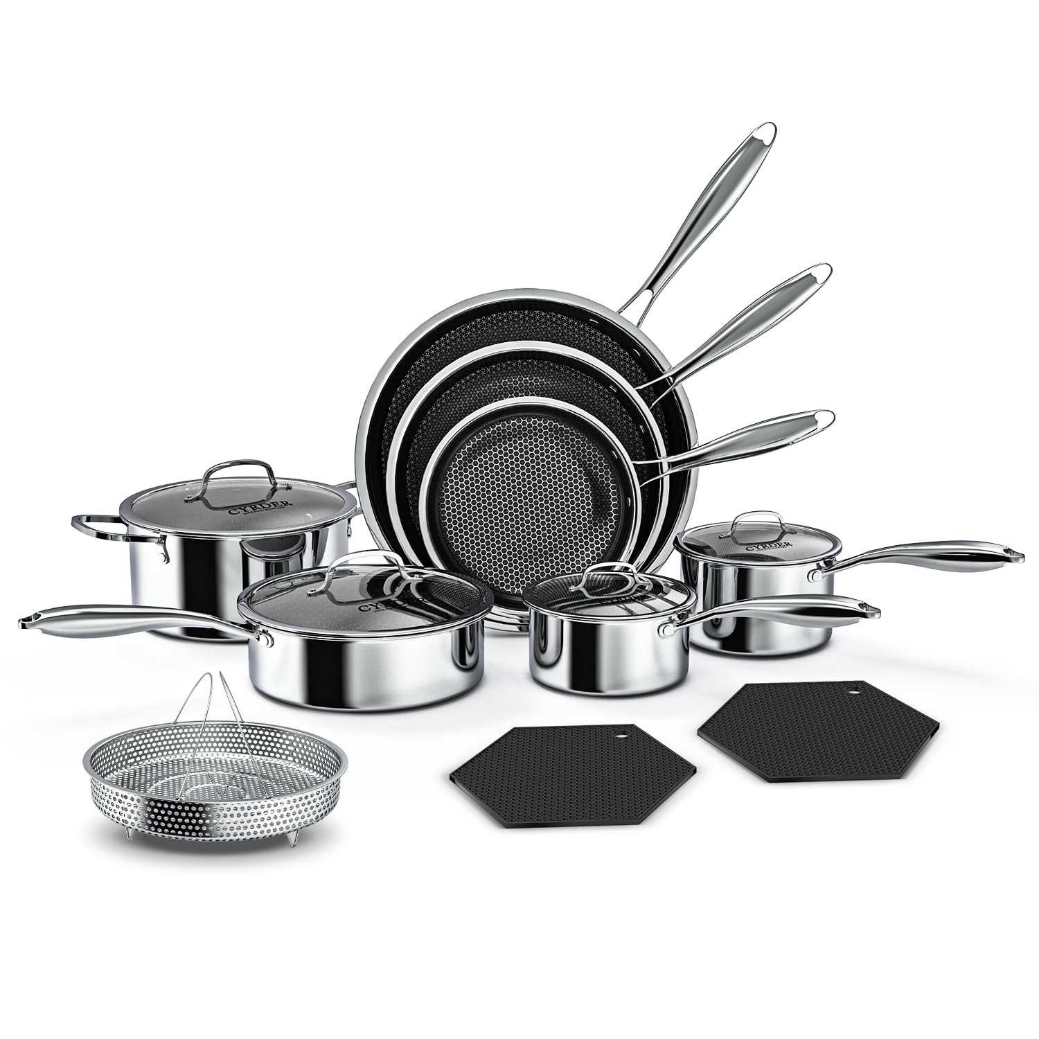 Cyrder 14-piece hex nonstick set, full assembly, ready for versatile cooking.