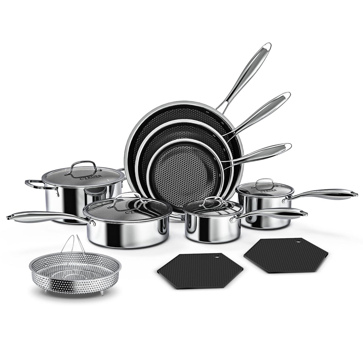 Cyrder 14-piece hex nonstick set, full assembly, ready for versatile cooking.