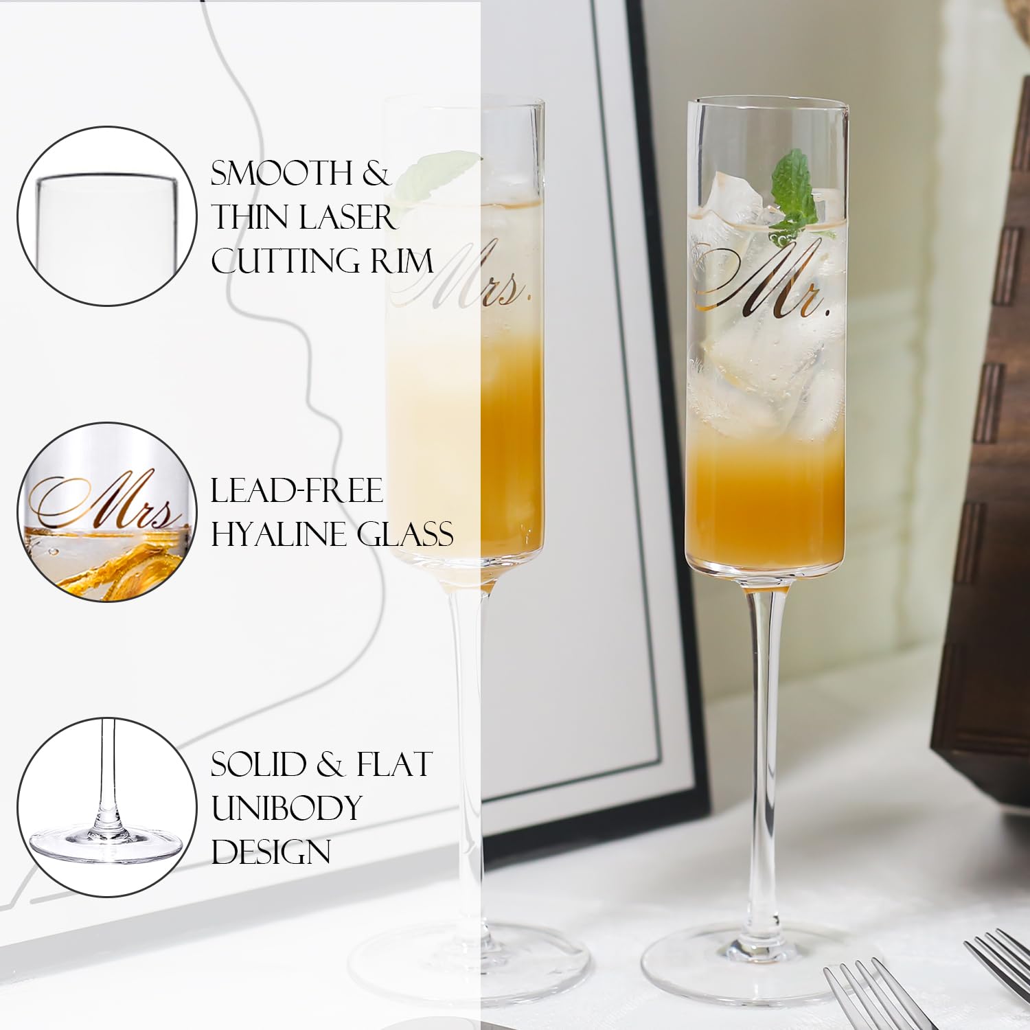 Cyrelwing engraved Mr and Mrs glasses add a romantic touch to celebrations.