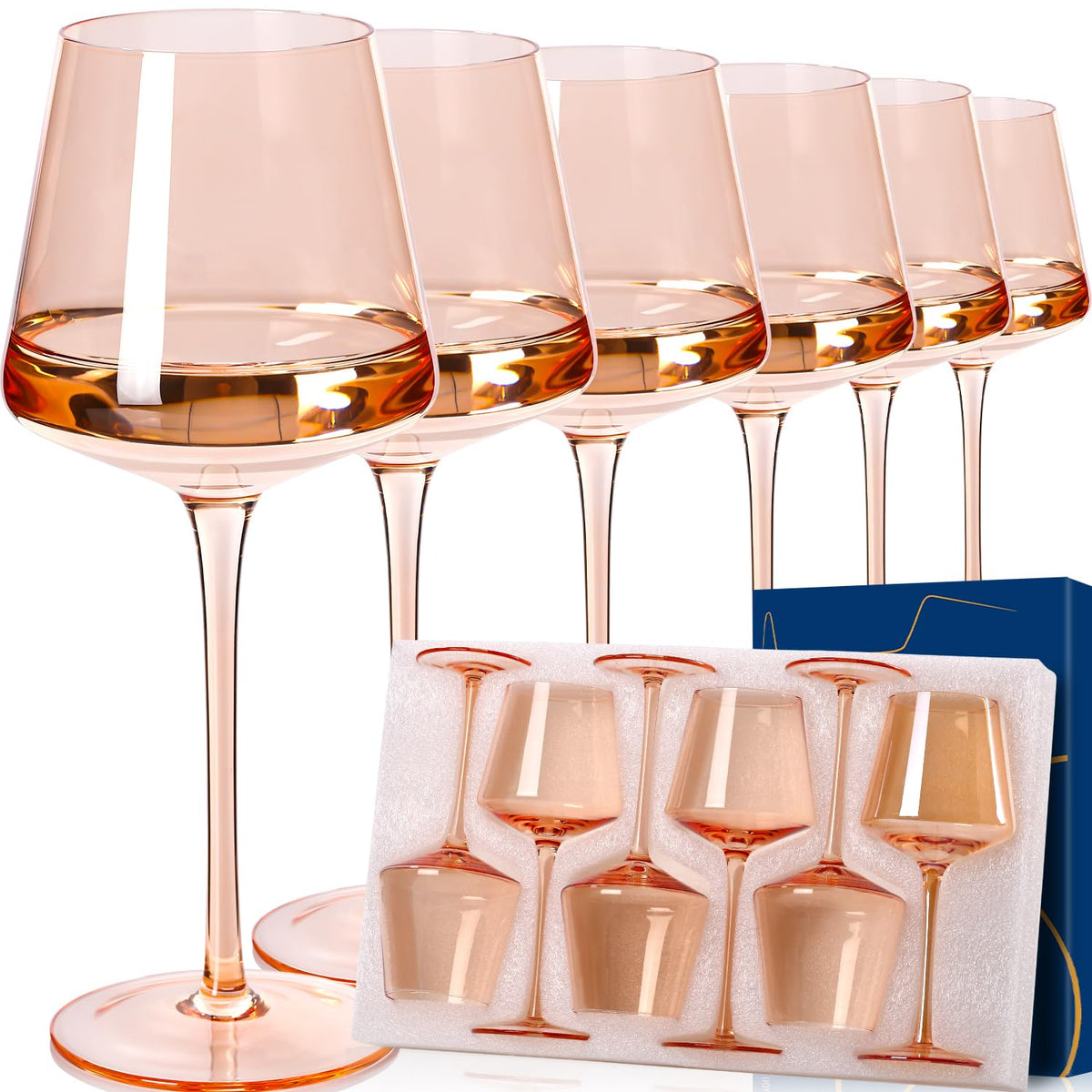 Cyrelwing light peach orange wine glasses, 18oz, set of 6, elegant tableware for red, white, and rosé.