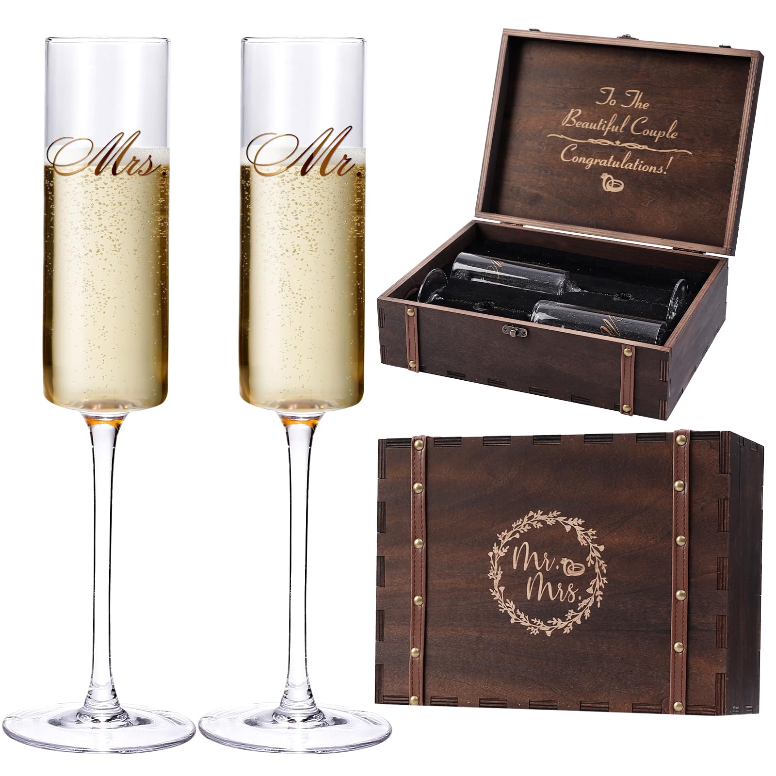 Cyrelwing wedding champagne flutes Mr and Mrs for elegant toasts.