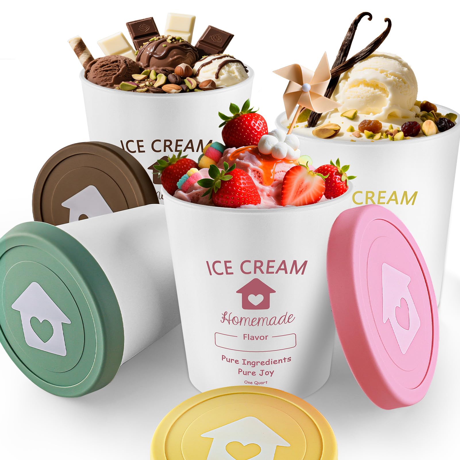 Cyrico ice cream containers with silicone lids in a 4-pack, seal-tight for freshness.