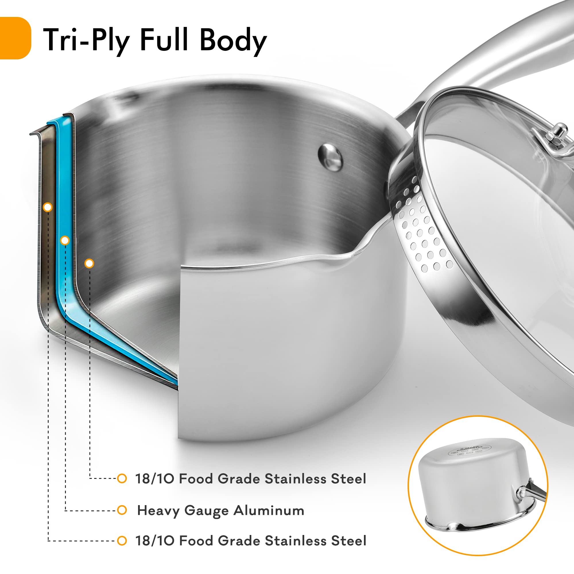 Cyrosa saucepan featuring stay-cool ergonomic handle and secure lid.