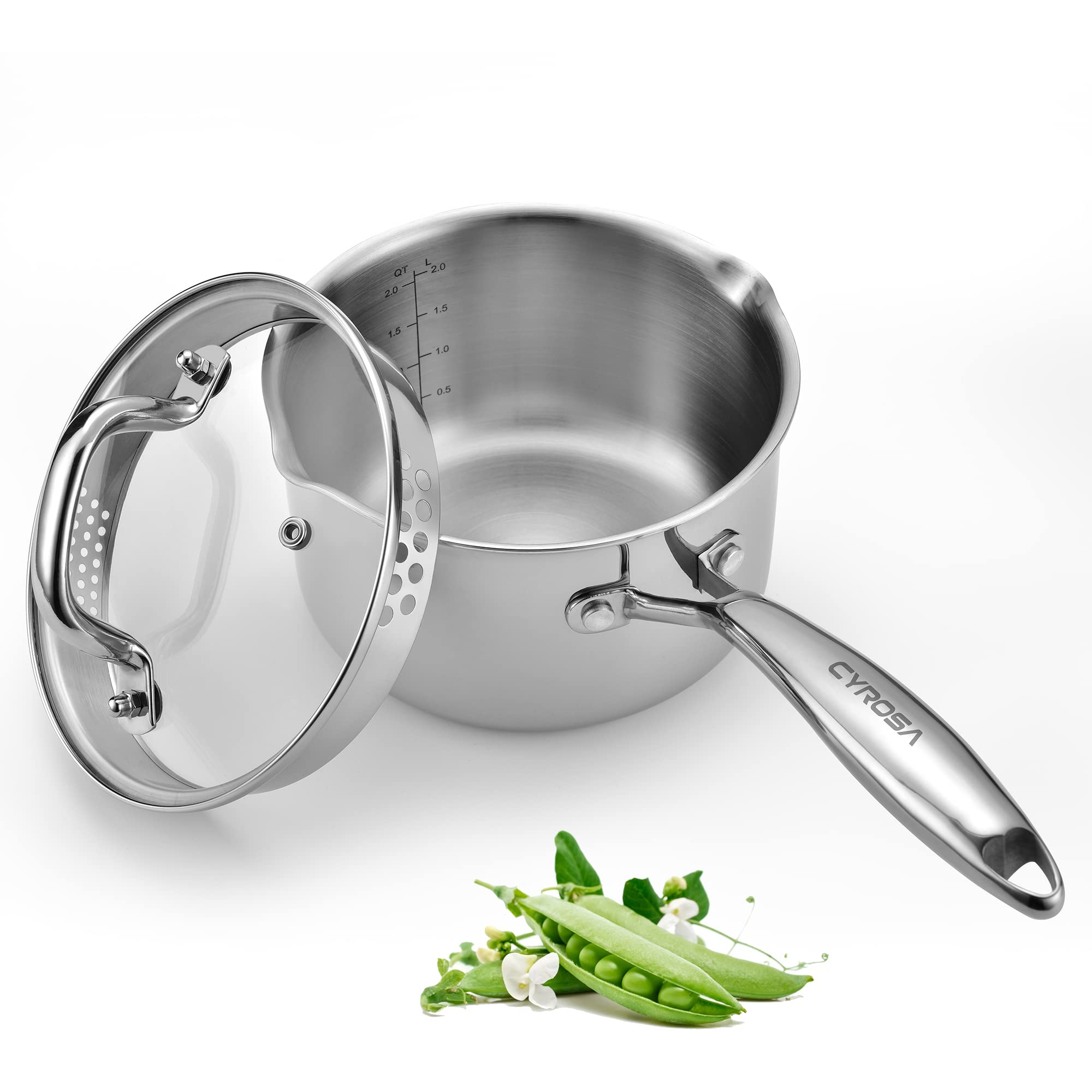 Cyrosa stainless steel saucepan with glass lid for safe, even heating.