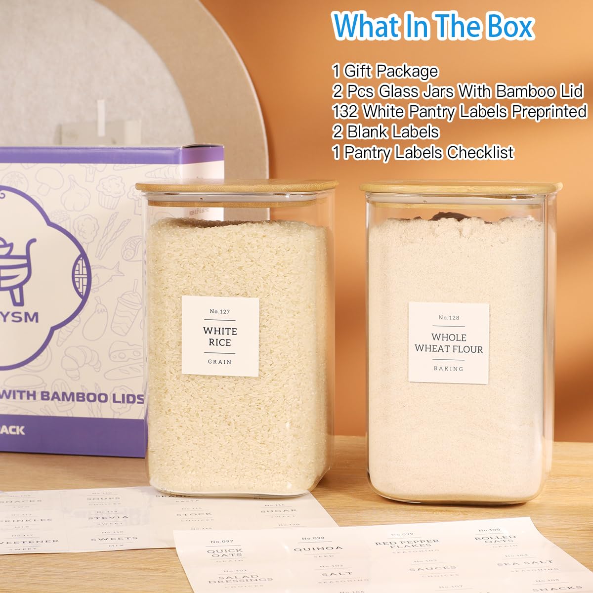 CZDYSM glass sugar container front view with bamboo lid and easy access.