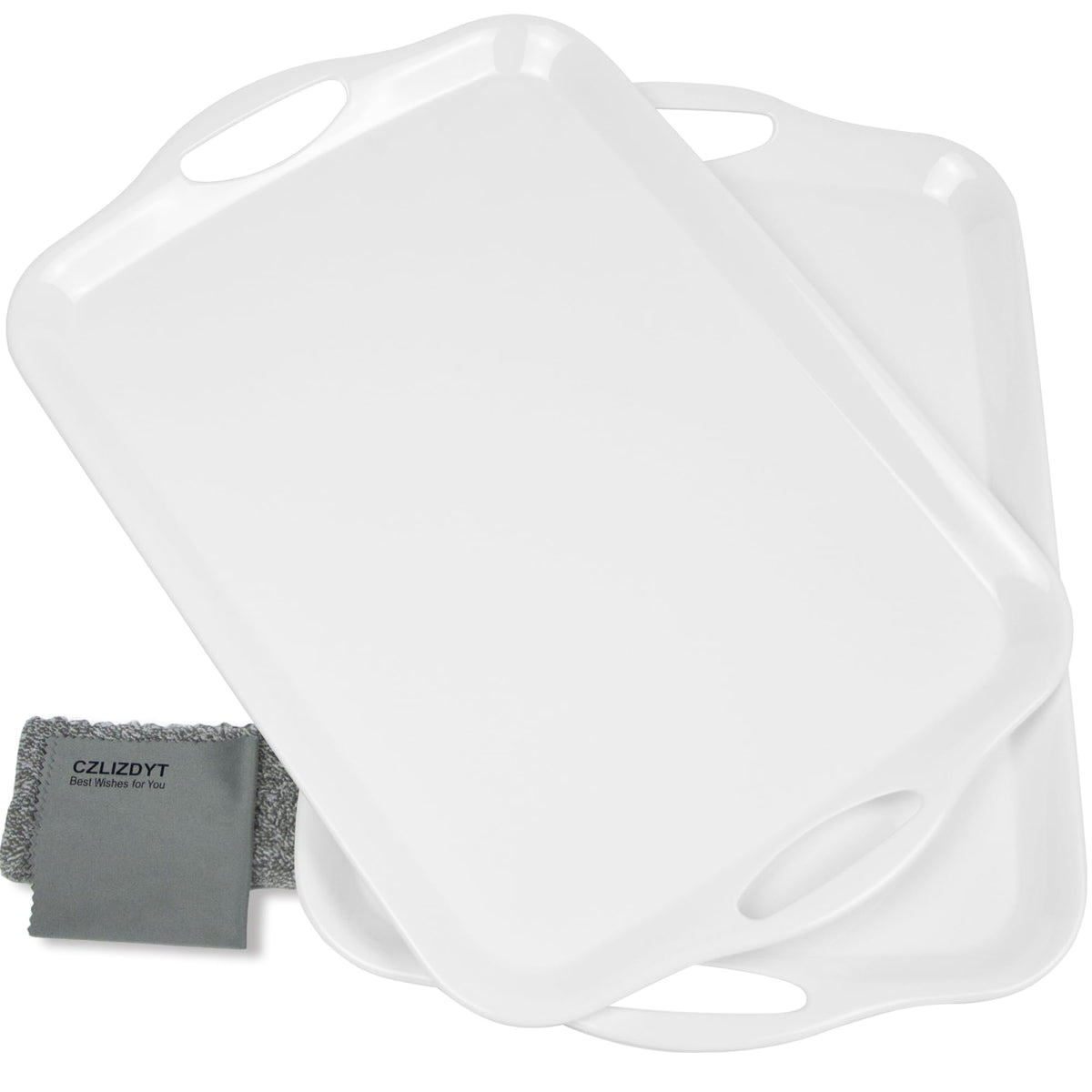 Czlizdyt large melamine serving tray with rectangular white body and handles.