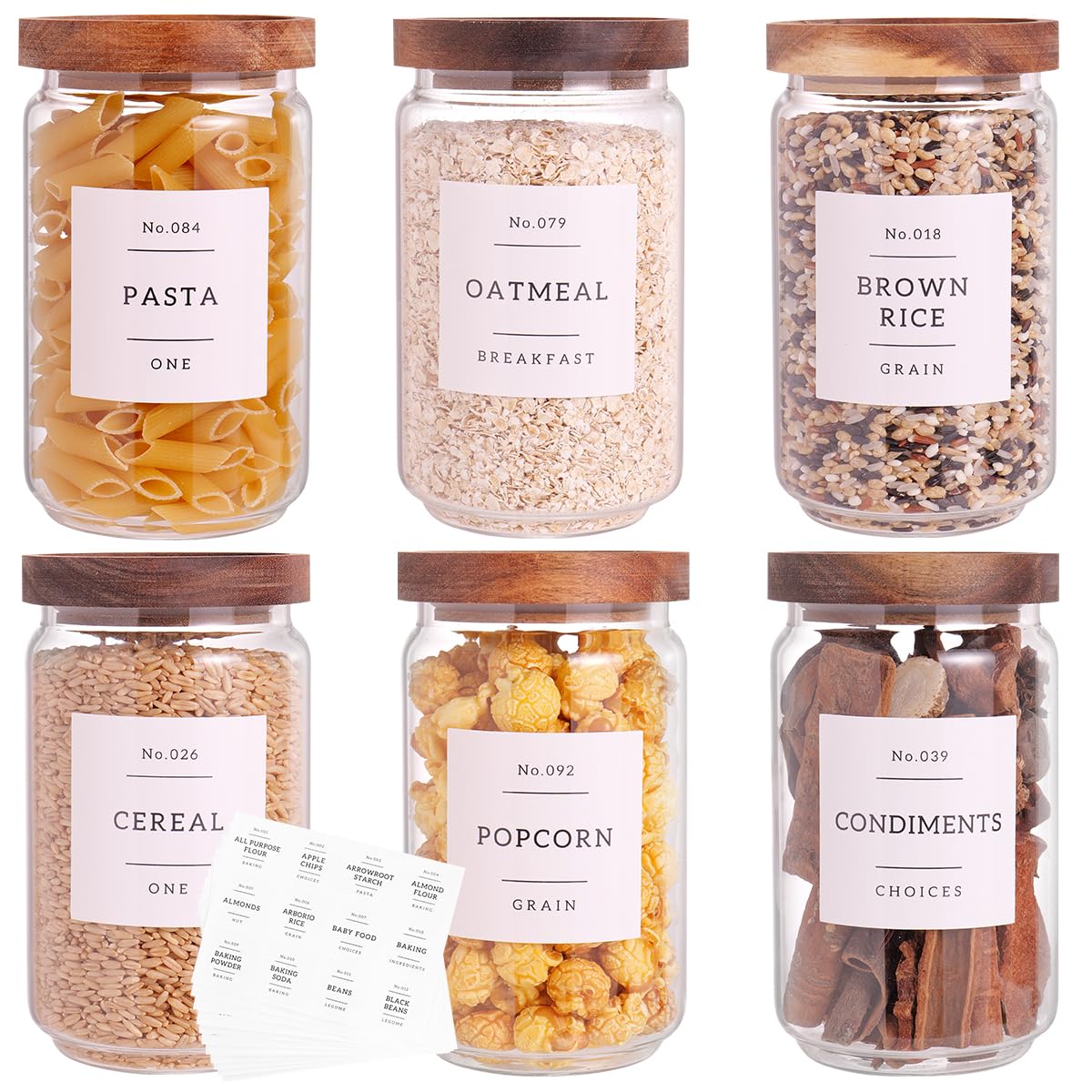 CZZGSM 6-set glass pantry jars with acacia lids for clear, organized kitchen storage