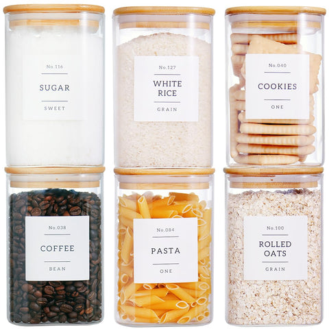 CZZGSM 6-pack square glass pantry jars for organized dry goods storage.