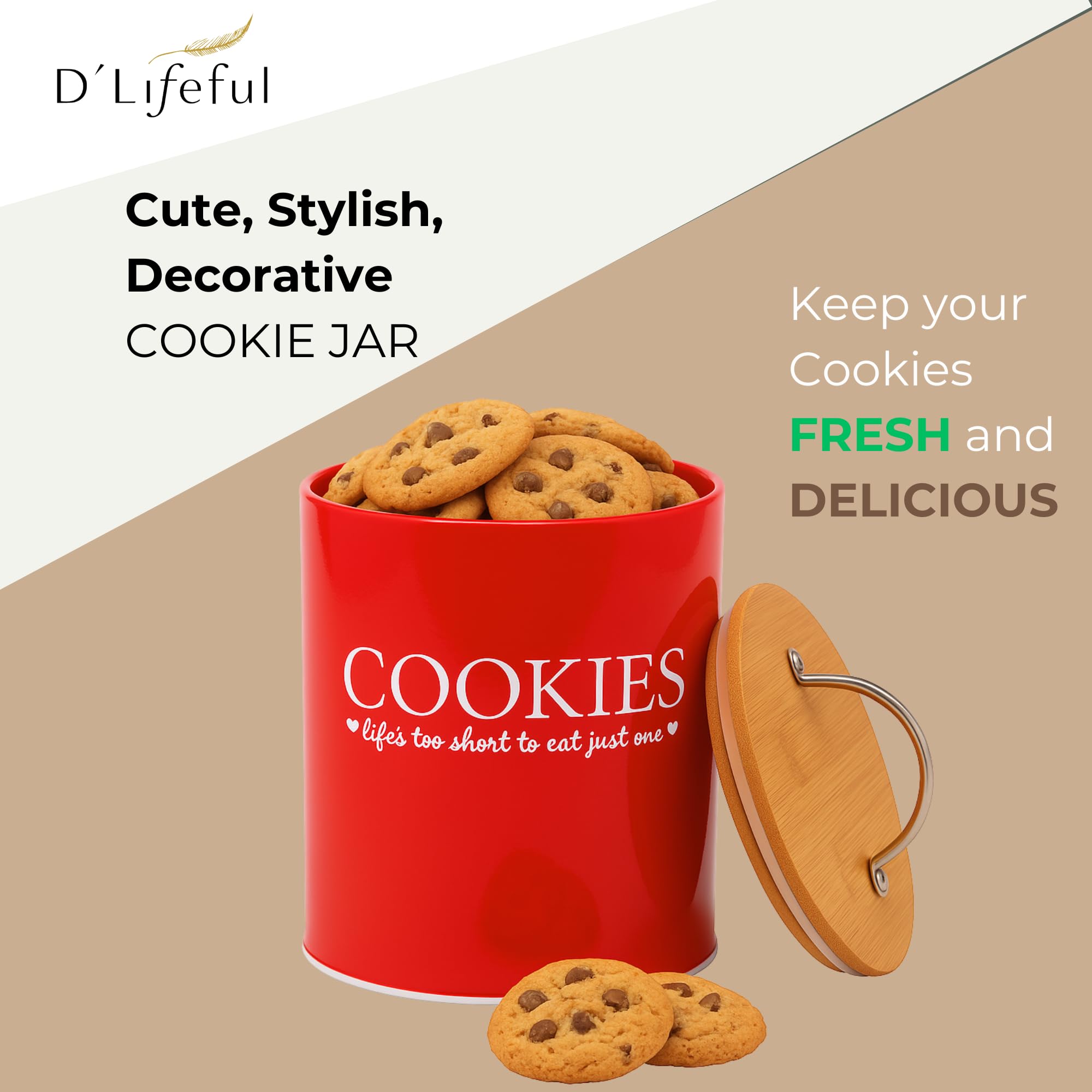 D'Lifeful red jar filled with cookies to show capacity