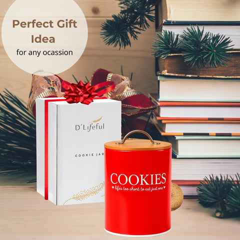 D'Lifeful red cookie jar on counter with cookies ready to grab