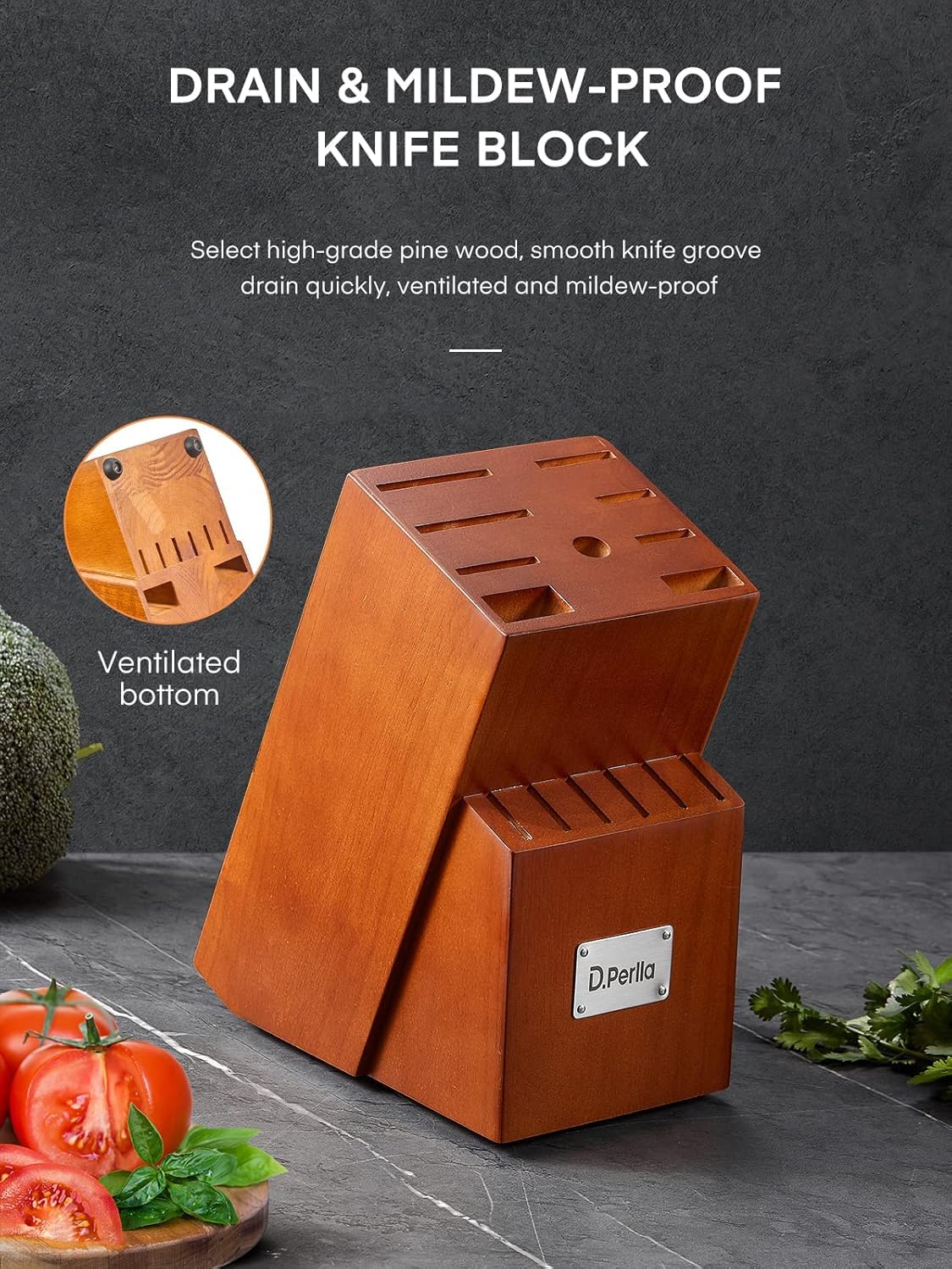 D.Perlla knife block on counter adds elegant kitchen organization.