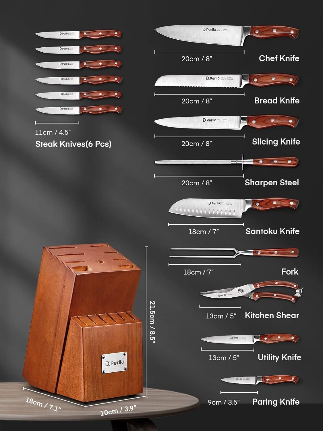 Close-up of D.Perlla chef knife highlighting high-carbon steel and sharp edge.