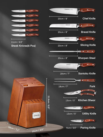 Close-up of D.Perlla chef knife highlighting high-carbon steel and sharp edge.