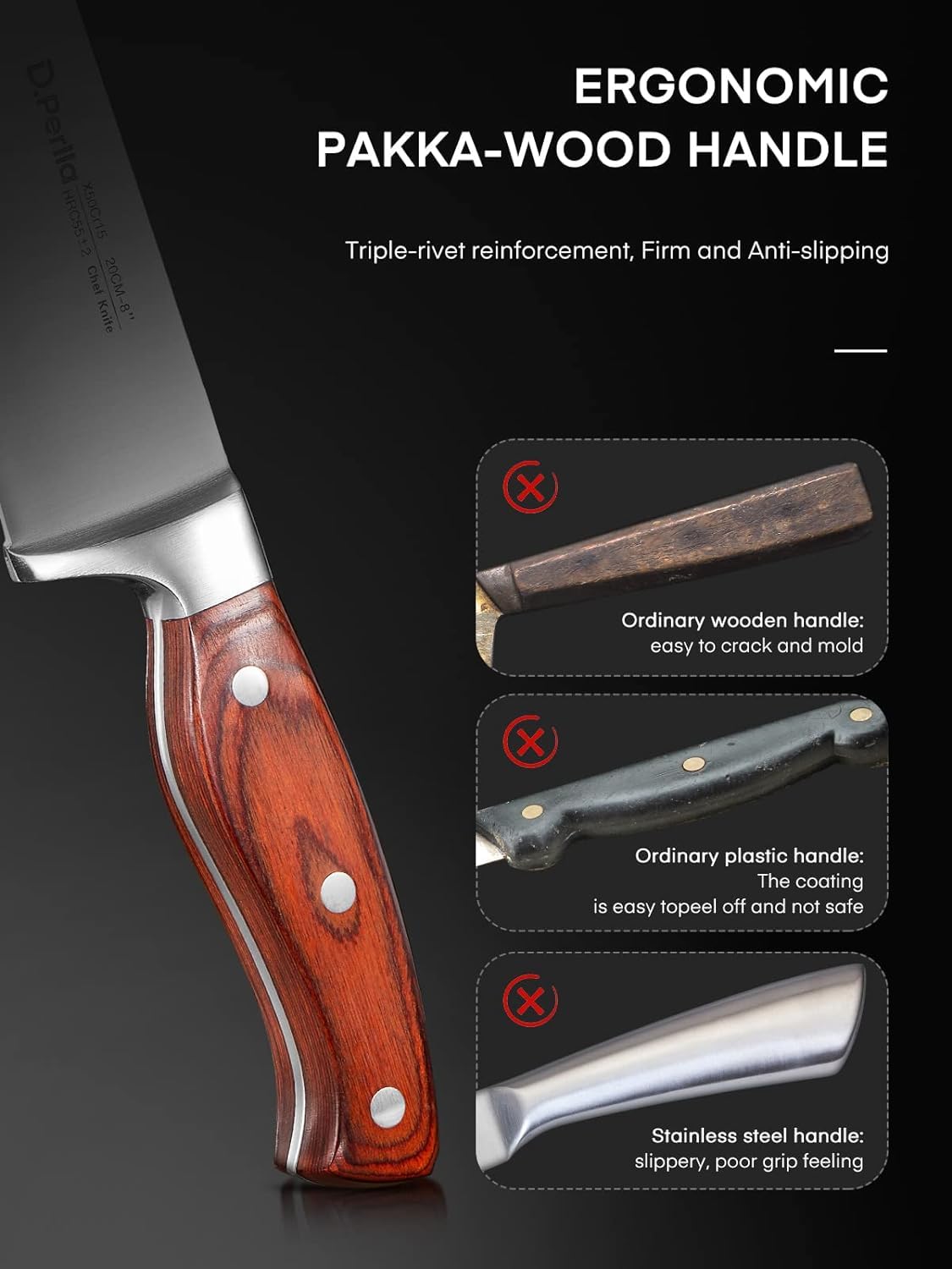 D.Perlla full-tang wood-handle knife emphasizes durable, comfortable grip.