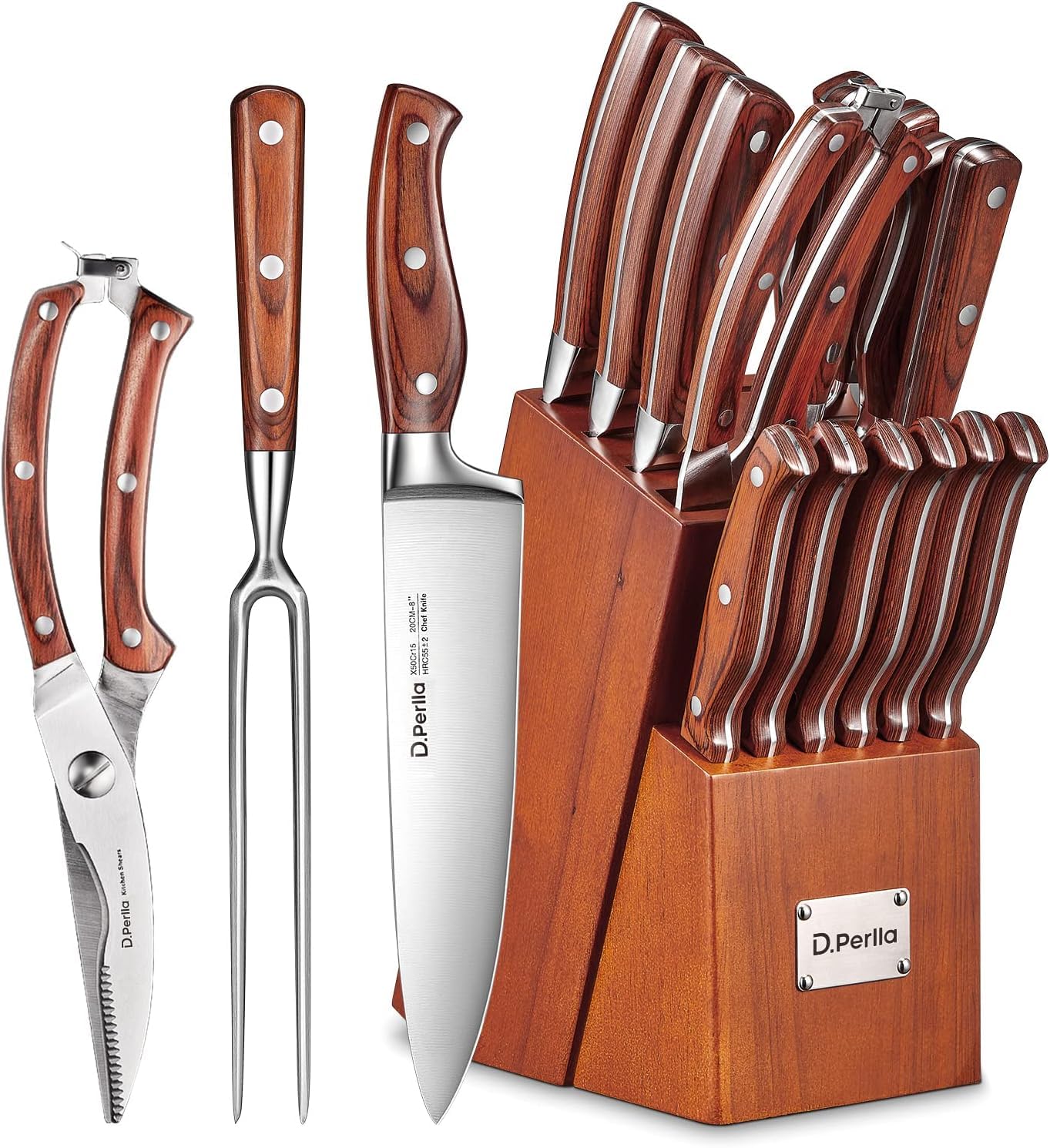 D.Perlla knife set shown with wood block for organized storage and accessibility.