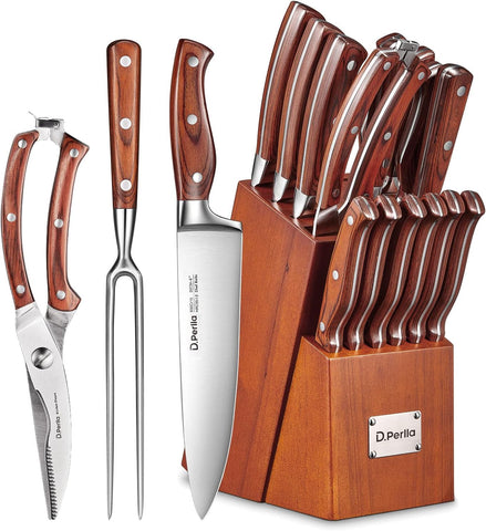 D.Perlla knife set shown with wood block for organized storage and accessibility.