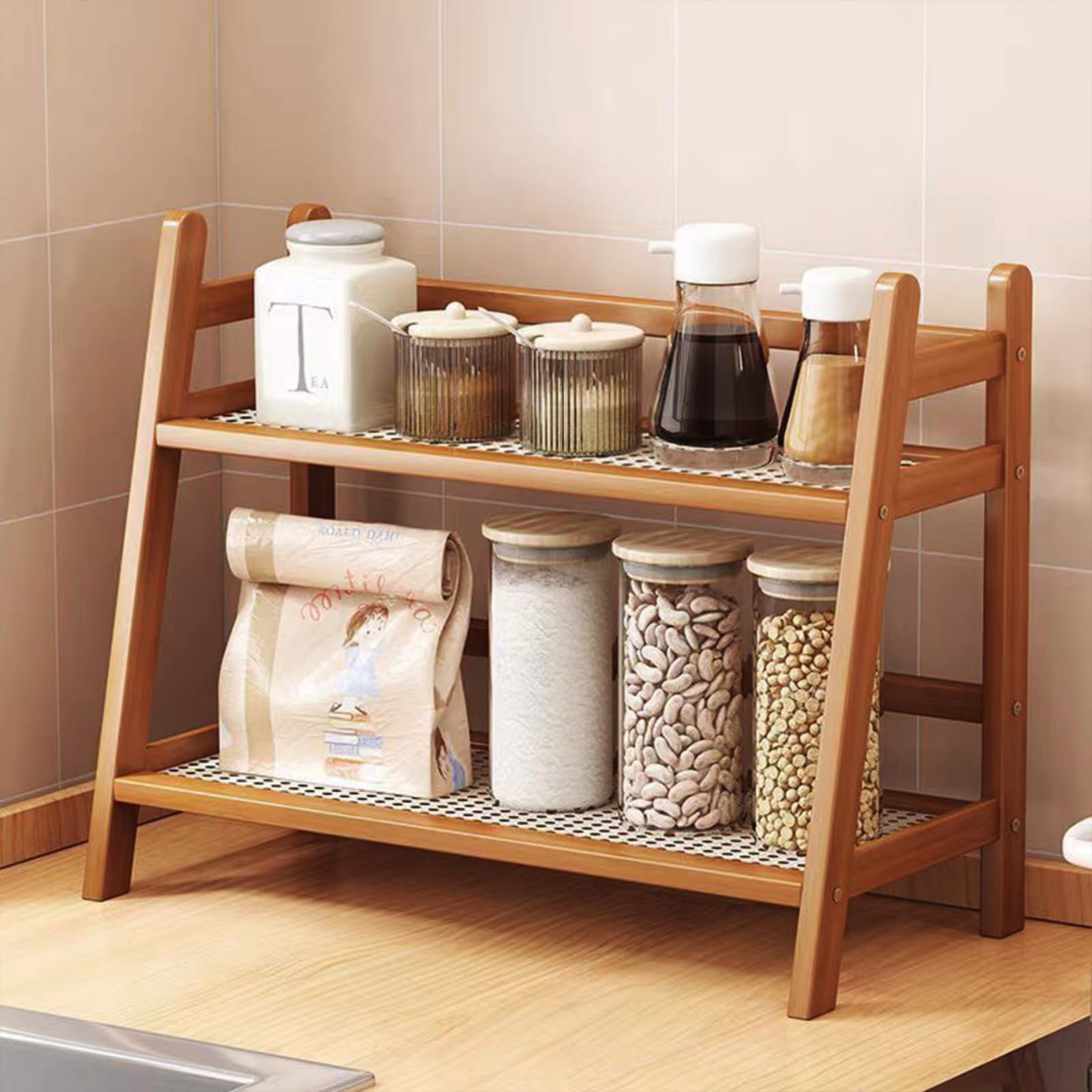 D-werack cup display and tea-bar storage keeps essentials within reach.