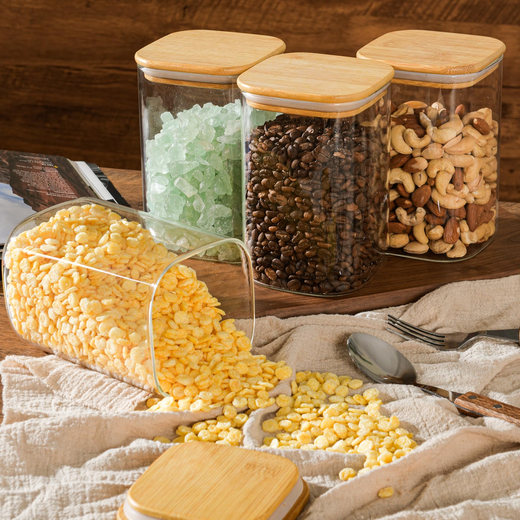 Dishwasher-safe glass; remove bamboo lids before cleaning