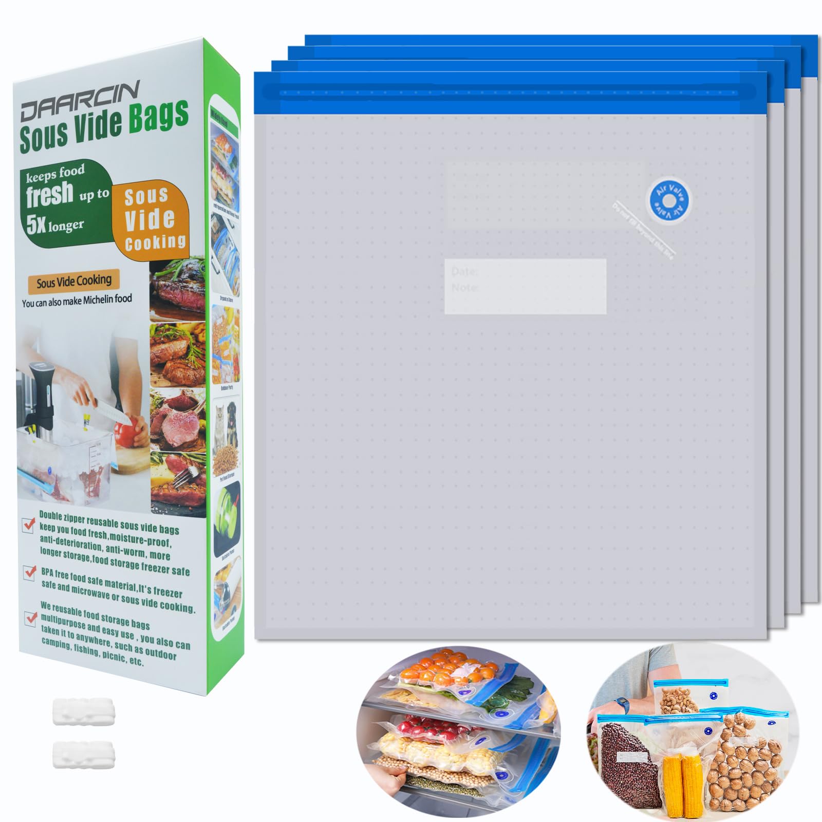 Daarcin sous vide bags in large 11.8x13.4 inch size for bulk meal prep.