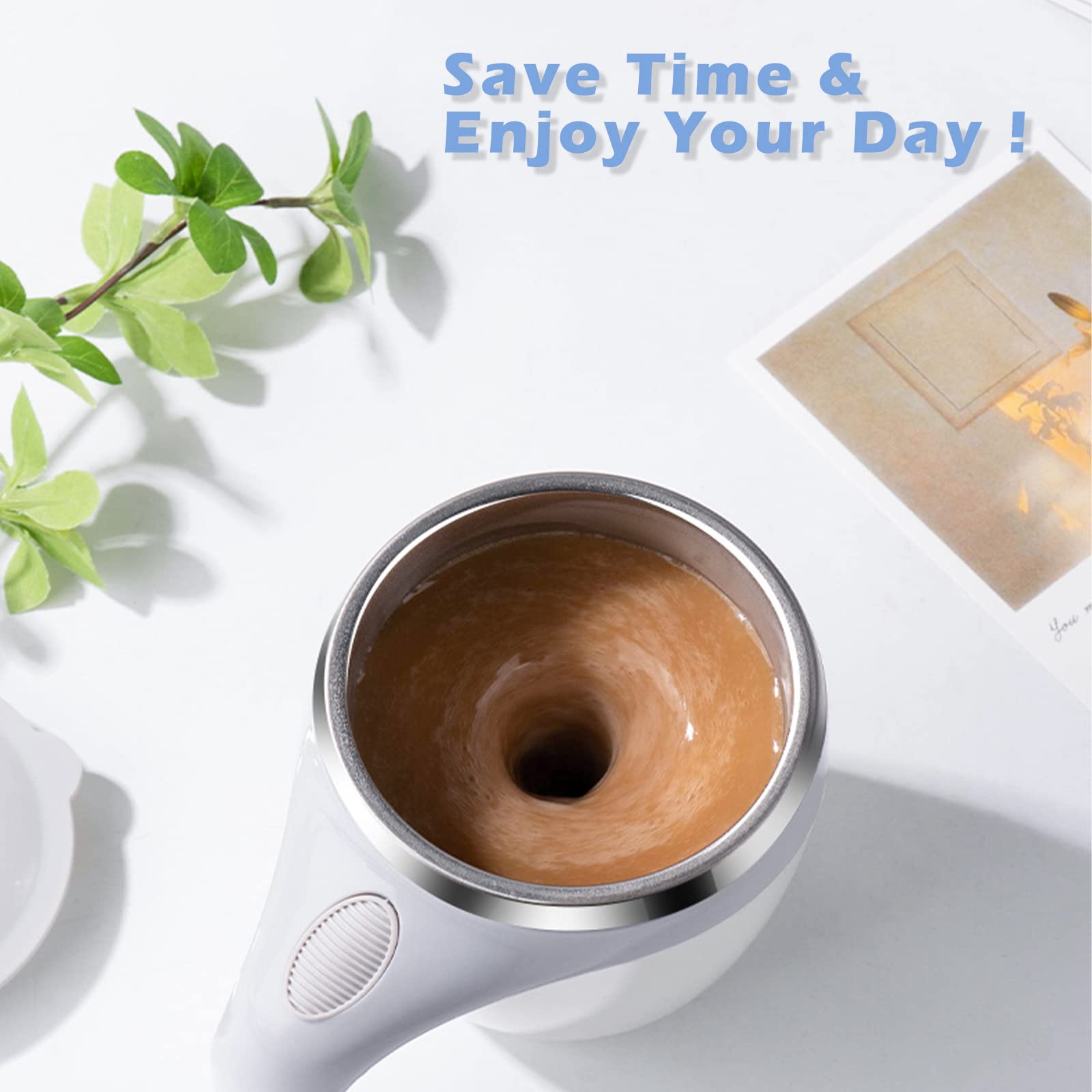 Daasigwaa mug shows button activation for on-the-go stirring.