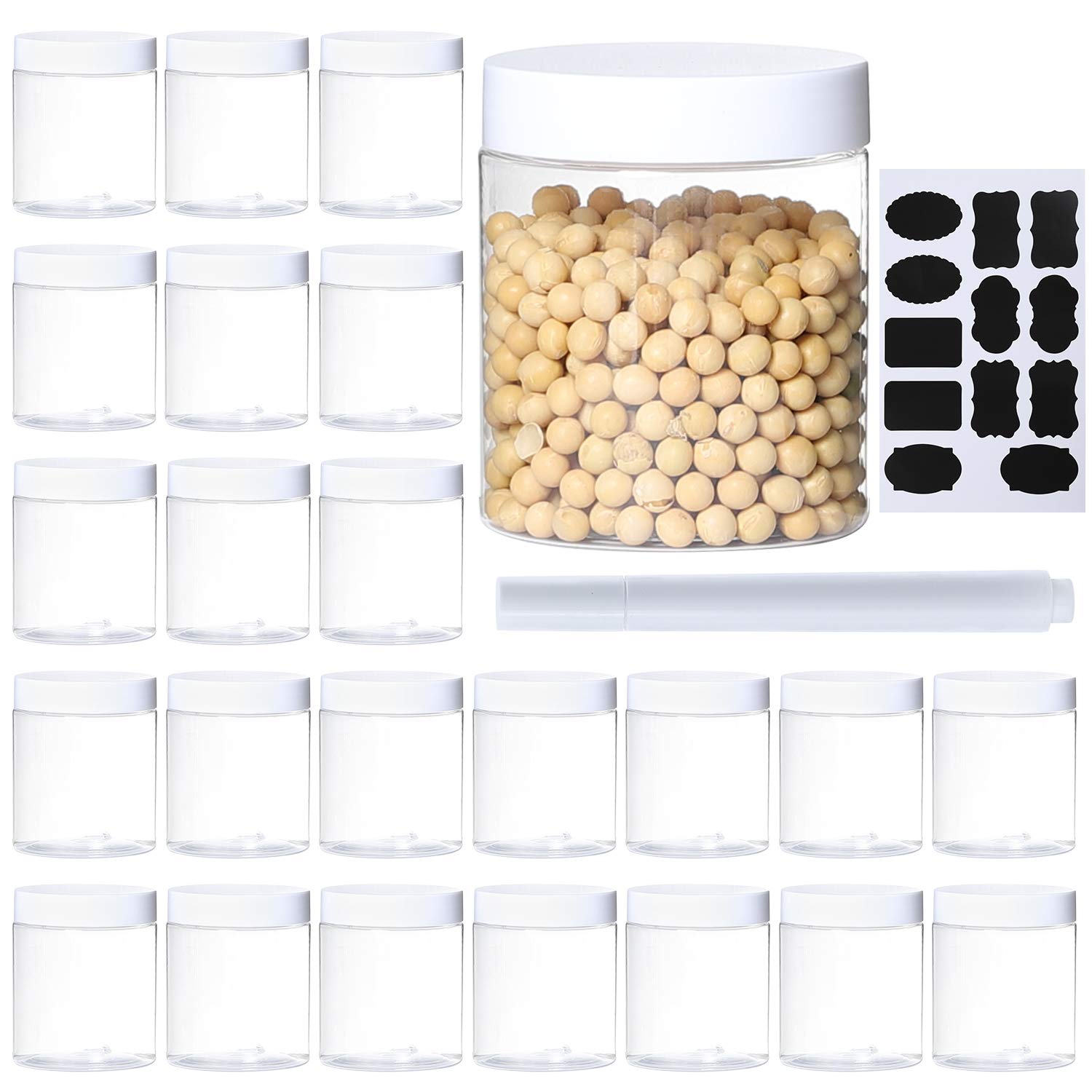 Dabacc 24-pack 8oz clear storage jars with wide mouths for easy filling.